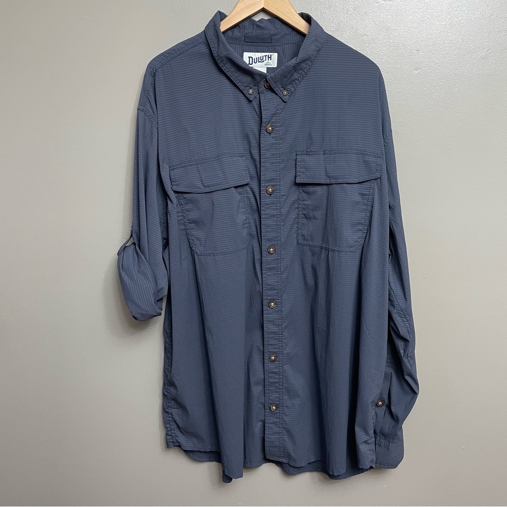 Duluth Trading Button Shirt Men 2XL Nylon Fishing Roll Tab Sleeves Blue standard